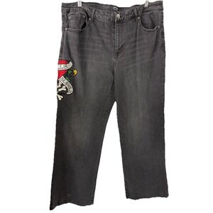 Vintage Y2K Ed Hardy Baggy Embroidered Denim Jeans Womens Size 38 Rare Black